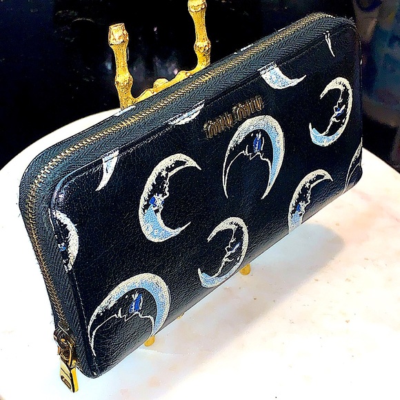 MIU MIU ZIPPY WALLET ART MADRES PRINT NERO MOONS CRESCENT MOON - Picture 4 of 14